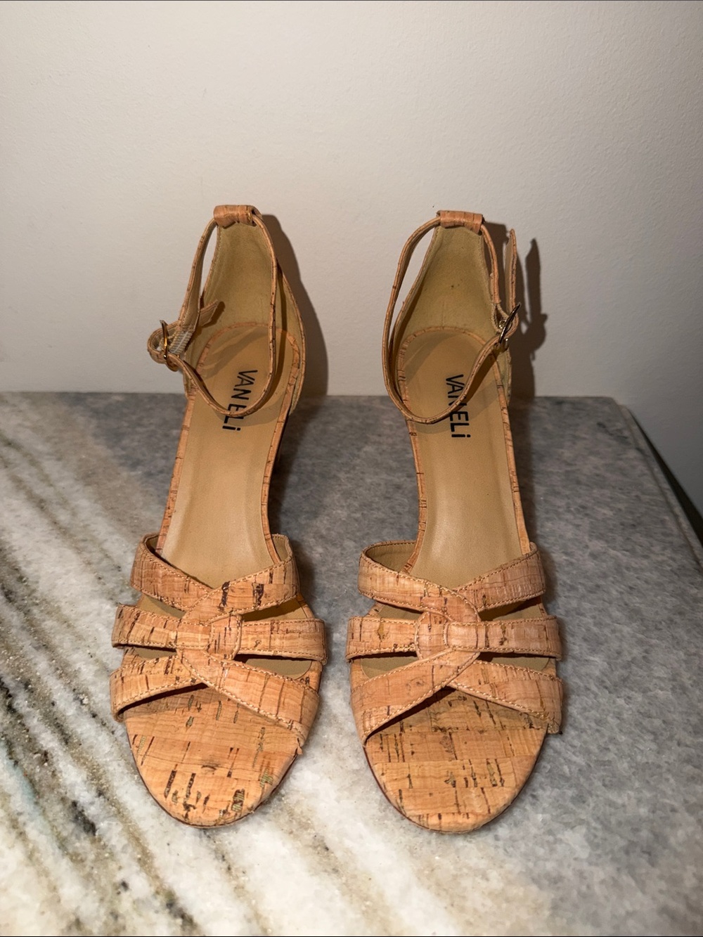 Vaneli Cork Strappy Ankle-Strap Sandals in Tan